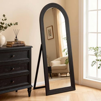 Floor Length Mirror with Stand Wood Floor Mirror,Arched Solid Wood Frame for Wall Door Bedroom Bathroom Living Room,Hanging or Leaning Wall-Mounted,Black