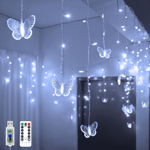 YOLIGHT Butterfly Curtain Lights 13ft 96 LED Twinkle Fairy Light Curtain String Lights with Remote, Butterfly Hanging Decoration for Bedroom Dorm Wall Patio Party Wedding Halloween Christmas (White) - color: White