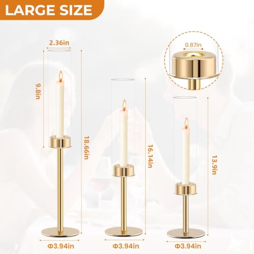 Rose Gold Taper Candle Holder Set, 3pcs Glass Hurricane Tall Candlestick Holders, Vintage Candelabra, Premium Gift Set for Home Decor Aesthetic, Birthday Parties, Weddings & Christmas Decorations - color: Glass Gold 3 Pieces