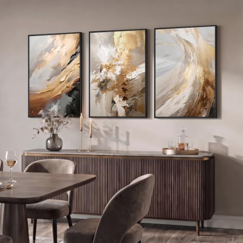 Large Framed Neutral Luxury Abstract Wall Art, 3 Piece Set, Each 20x30 In - color: Neutral Gold Accents, size: 20" W x 30" H x 3pcs
