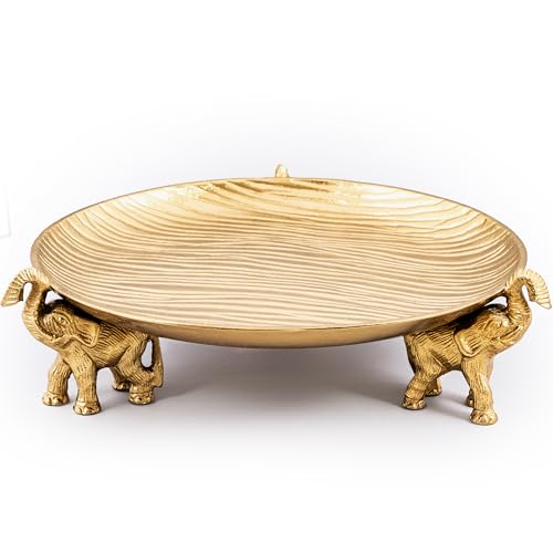 Golden Tray with Elephant Stand - Round Decorative Coffee Table Centerpiece - color: Golden