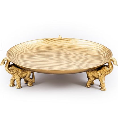 Golden Tray with Elephant Stand - Round Decorative Coffee Table Centerpiece - color: Golden