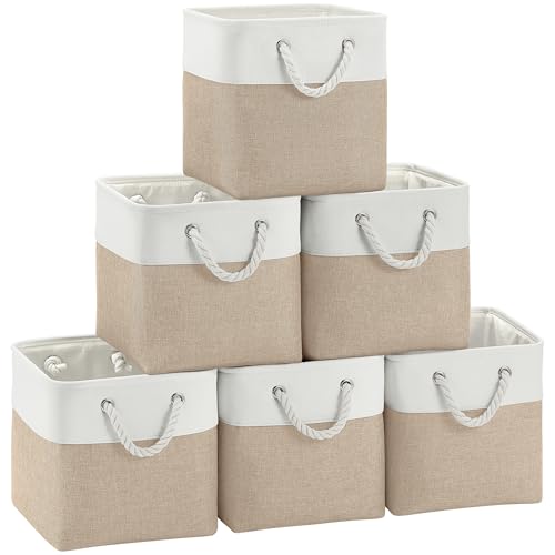 FinishingBo 11 inch Cube Storage Bin with Handles 6 Pack - color: White/Khaki-6 Pack