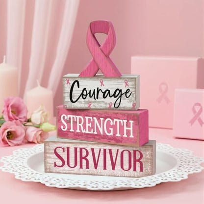 Moucuny 4 Pcs Breast Cancer Awareness Table Decoration Wooden Pink Ribbon - style: Breast Cancer Awareness