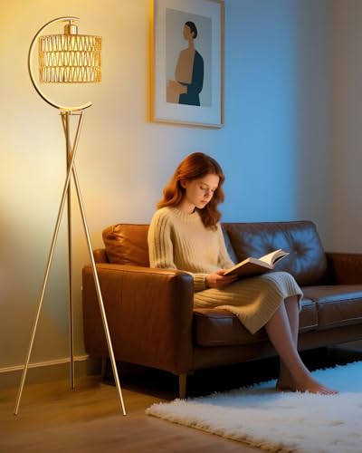 Lightdot Tripod Floor Lamp for Living Room, Gold Standing Lamp with Bulb Included, Boho Farmhouse Tall Lamp for Bedroom, Arced Reading Light with Rattan& Linen Shades for Sofa Beside/Corner Decor - color: Rattan-Gold