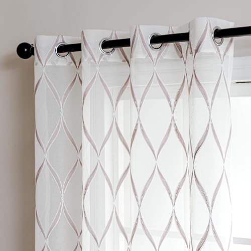 SLEEP ZONE Sheer Curtains for Living Room and Bedroom, Embroidered Sheer Curtains White Sheer Curtain 42 × 84 inches Long of 2 Panels, Off-White Waves - color: White Waves, size: 42"W×84"L
