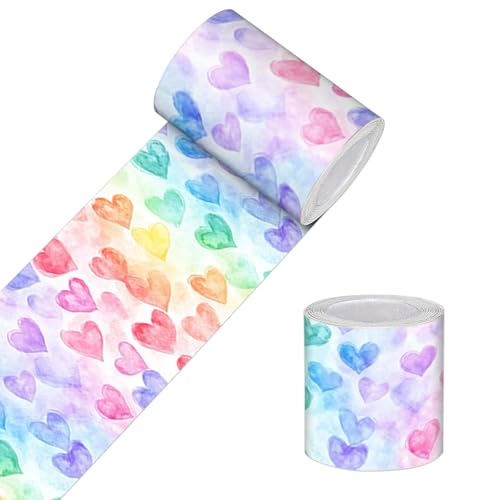 HOMETITUTE Peel and Stick Wallpaper Border 4x196in Rainbow Heart Pattern - color: Rainbow