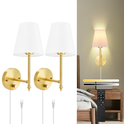 Wall Sconces Set of Two with Remote Control, Dimmable, Adjustable Colors 2700-6500K, Plug in Wall Sconces with White Fabric Shades, Plug in Wall Light, Gold - color: Gold-White