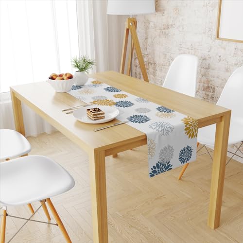 Snycler 13x48 Inch Table Runner Blue Yellow Dahlia Pinnata Flower Table Runners Modern Elegant Pompon Farmhouse Geometric Table Center White Linen Decor for Home Dining Party Entrance - color: Blue Yellow Dahlia, size: 13" x 48"