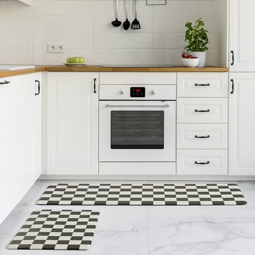 Ohocut Checkered Kitchen Mats for Floor Set of 2, 2 Pcs Black White Cushioned Non Slip Runner Rugs for Kitchen/Sink/Laundry, Comfort Aesthetic Cute Anti-Fatigue Foam Floor Mat 17.3"x29.5"+17.3"x47.2" - color: Black White