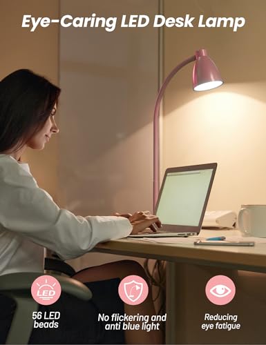 BOHON Cute Desk Lamp with USB Charging Port, 3 Color Modes Dimmable, Pink - color: Pink
