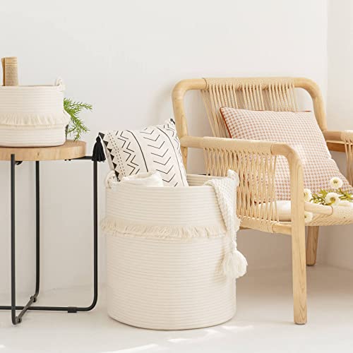 CherryNow 60L Woven Rope Baby Basket with Tassel, 17" x 16", Off-white - color: Off-white, size: 50L (16"W x 17"H)