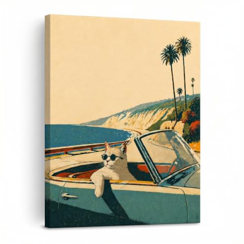 KVLMIJO Funny Cat Canvas Wall Art 12x16, Vintage Coastal Wall Decor | Frameless wrapped canvas with hanging kit, funny coastal cat art for bathroom, bedroom, living room and office decor. - color: Coastal Cat Cruise