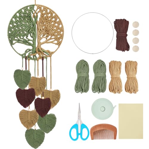 ACRNIGHEET DIY Macrame Kit for Adults Beginners Handmade Leaves Tree of Life DIY Boho Macrame Wall Hanging Ornaments with Macrame Supplies Wall Hanging Kit for Home Decor Craft Gifts(Coffee Series) - color: Green+Brown