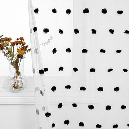 MYSKY HOME Black Pom Pom Sheer Curtains for Bedroom 45 Inch Long 2 Panels - color: Black Pom Pom, size: 50"W x 45"L (Pack of 2)