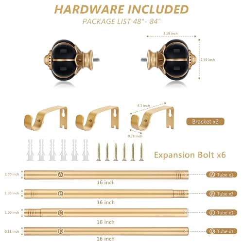 Ceramic Curtain Rods for Windows 48 to 84 Inch 1 Inch Adjustable - color: Gold Black, size: 48"-84"