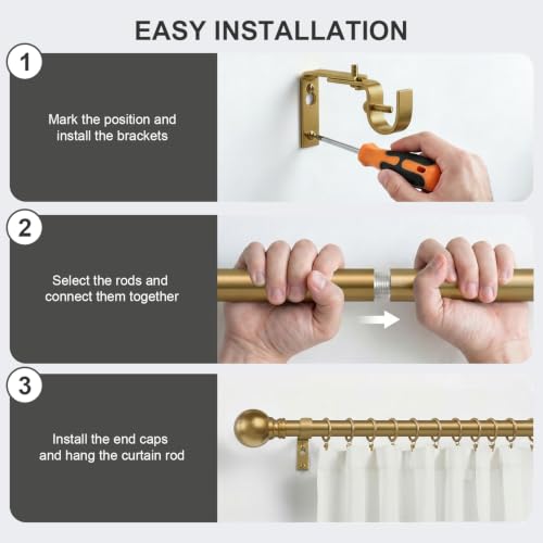 Warm Gold Curtain Rods 16-88 Inch Heavy Duty 1 Inch Diameter - color: Brass, size: 16"-88"|1 Pack