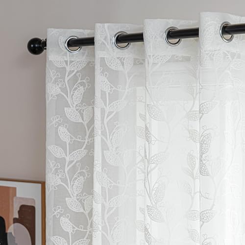 SLEEP ZONE Sheer Curtains for Living Room and Bedroom, Embroidered Sheer Curtains White Sheer Curtain 42 × 95 inches Long of 2 Panels, Off-White Vine - color: White Vine, size: 42"W×95"L