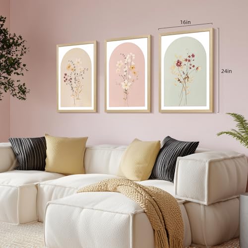 LERVR Wood Framed Botanical Wall Art Set of 3, Vintage Wildflower Canvas Print, Neutral Minimalist Floral Wall Decor, Rustic Farmhouse Botanical Artwork for Living Room Bedroom Bathroom 16x24 Inch - color: ColorWildflower, size: 24"L x 16"W