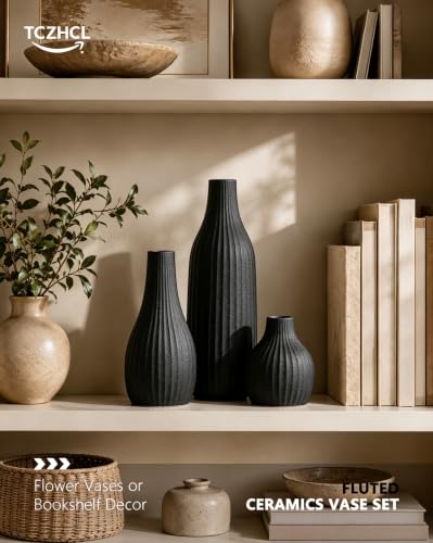 Minimal Line Black Ceramic Vase Set of 3, Matte Decorative Flower Vases - color: Black