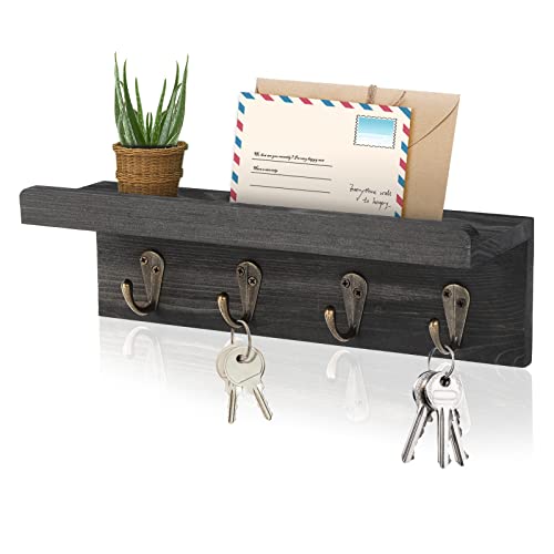 Key Holder Wall Mount, Farmhouse Wall Shelf with 4 Hooks for Entryway - color: Black - Pine
