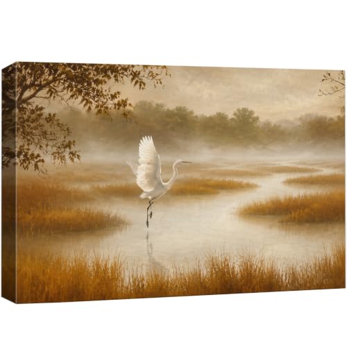 wall26 Canvas Print Wall Art Flying White Egret Misty Wetland Photography Realism Chic Multicolor for Living Room, Bedroom, Office - 12"x18" - color: A33-2608-ANG03, size: 18"L x 12"W