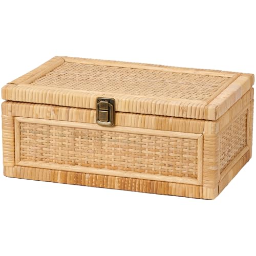 Rattan Box with Lid Decorative Natural Handmade Boho Baskets - color: Natural, size: Set of 1 (Large)