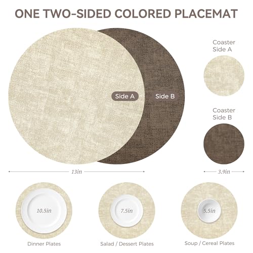 NCUE 13" Faux Leather Round Placemats Set of 4, Reversible Dual-Color - color: Dark Coffee Beige