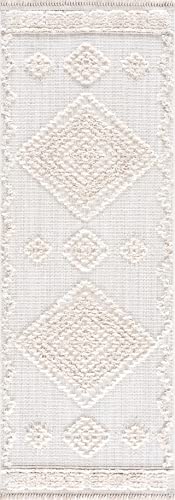 Hauteloom Thackeray Farmhouse Living Room Bedroom Modern Moroccan Medallion Runner Rug - Soft Shaggy High Low Carpet - High Pile - Bohemian, Boho - White, Beige, Cream - 2'7" x 7'3" - color: Cream / Rosales, size: 2'8" x 7'3" (Runner)