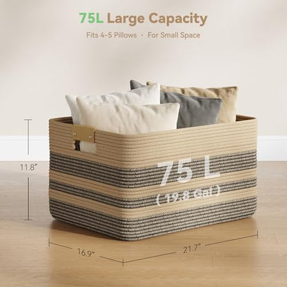 Nunsino 75L Blanket Basket with Leather Handles,Laundry Basket,Dark Brown - color: Dark Brown, size: 75L