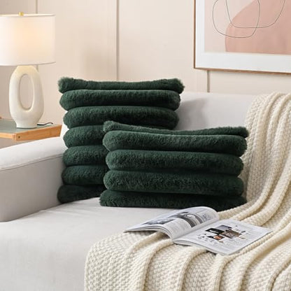 FUTEI Pack of 2 Faux Rabbit Fur Throw Pillow Covers 18x18 Inch, Dark Green - color: Dark Green, size: 18" x 18" (Pack of 2)