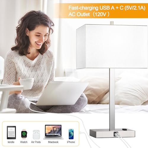21" Set of 2 Touch Control Table Lamps with 2 USB & AC Outlets, 3-Way Dimmable Modern Nightstand Lamps for Bedroom Living Room Office Reading, White Shade Bedside Lamps, 5000K LED Bulbs Included. - color: White Linen & Brushed Nickel