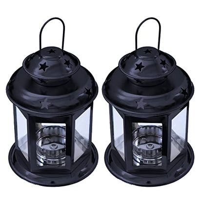 2 Pcs European Design Antique Glass Hanging Candle Lanterns with Stars Metal Frame Candlestick Holder Night Lamp, Romantic Xmas Wedding Party Decoration (Black) - color: Black