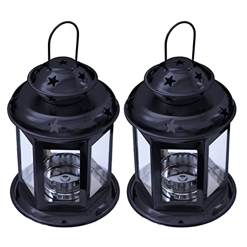 2 Pcs European Design Antique Glass Hanging Candle Lanterns with Stars Metal Frame Candlestick Holder Night Lamp, Romantic Xmas Wedding Party Decoration (Black) - color: Black