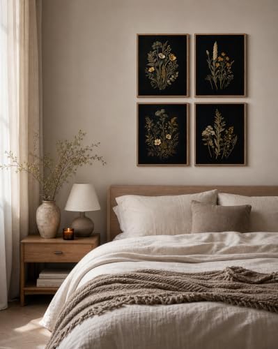 InSimSea Framed Botanical Wall Art, 4 Piece Moody Wildflower Prints - color: Dark Flora Triptych