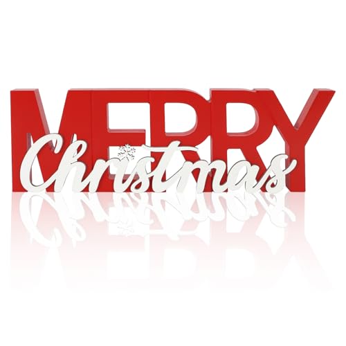 COCHIE Wooden Merry Christmas Sign, Winter Decorations for Home, Office, Shelf, Mantel, Indoor, Wood Snowflake Decor, Red White Table Top Party Decoration (Merry Christmas) - color: Merry Christmas
