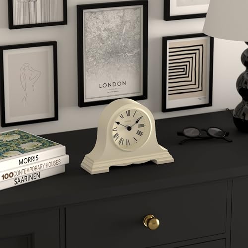 JONES CLOCKS® Speakeasy Small Mantel Clock | Classic Napoleon’s hat Design | Pale Cream | Roman Numerals | Traditional Style for Desk, Table, Shelf or Bedside - color: Linen White
