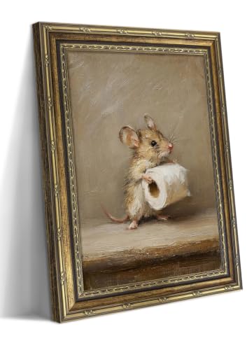 Funny Bathroom Gold Framed Wall Art Print, Cute Mouse holding Toilet Paper Wall Decor Picture, Funny Animal Bathroom Painting, Quirky Canvas Poster Bathroom Decor Home Decoration 8x10in - color: A mouse holding toilet paper, size: 10"L x 8"W