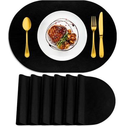 ADRIMER Oval Placemats Set of 6, Wipeable Faux Leather, Black - color: Black