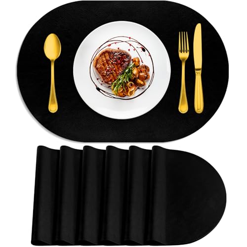 ADRIMER Oval Placemats Set of 6, Wipeable Faux Leather, Black - color: Black