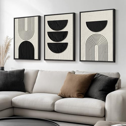 Large Framed Boho Neutral Abstract Wall Art, 3 Piece Canvas Prints 24x36 In - color: Geometric - D, size: 24" W x 36" H x 3Pcs