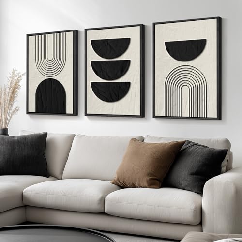 Large Framed Boho Neutral Abstract Wall Art, 3 Piece Canvas Prints 24x36 In - color: Geometric - D, size: 24" W x 36" H x 3Pcs