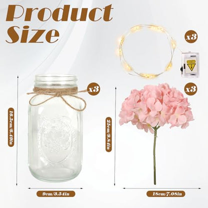 Set of 3 Mason Jar Lights, Pink Hydrangea Holiday Table Decor - color: Jar-pink Hydrangea