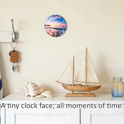 Battery Operated Wall Clock with Beach Sunset Pattern - 10 Inch Thick Glass Silent Non Ticking Analog Clock, Quartz Large Numbers Modern Wall Clocks for Living Room Bedroom Bathroom Office Gym - color: Blue Red, size: 10 Inch