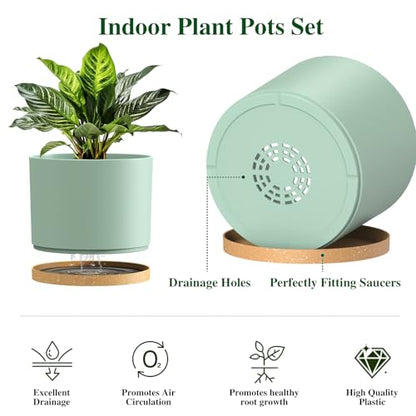 Plant Pots, 10/9/8 Inch 3 Pack Cylindrical Flower Pots with Drainage Holes and Saucers, Plastic Planters for Outdoor Indoor Plants,Green Brown - color: Green With Brown