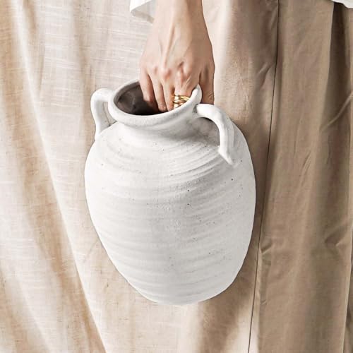 White Ceramic Vase with Handles, 9.5Inch, Farmhouse Rustic, Sandstone White - color: Winnie - Sandtone White, size: M(8.8"-9.8")