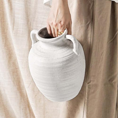 White Ceramic Vase with Handles, 9.5Inch, Farmhouse Rustic, Sandstone White - color: Winnie - Sandtone White, size: M(8.8"-9.8")