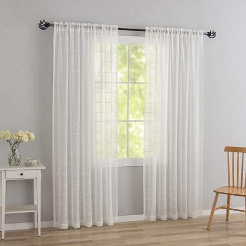 YJ YANJUN White Striped Sheer Curtains 84 inch Long, Boho Window Panels - color: White, size: 52"W x 84"L (Pack of 2)