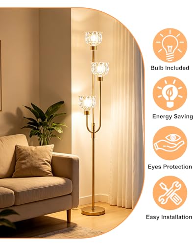 3-Light Glass Floor Lamp 66IN Modern Amber Glass Gold Dimmable Floor Lamps - color: Amber Tulip-Gold
