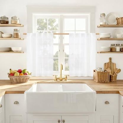 LAMIT Sheer Linen Curtains 30 Inch Length for Kitchen Windows Over Sink - color: White, size: 34"W x 30"L (Pack of 2)